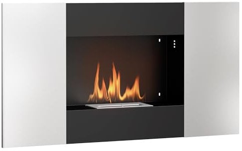 HOMCOM Camino a Bioetanolo da Parete con Bruciatore 0.9L per Durata 3.3 Ore, Biocamino da Incasso in Acciaio, Caminetto a Etanolo da Interno con Copertura 20㎡, 100x15x54 cm, Nero e Argento