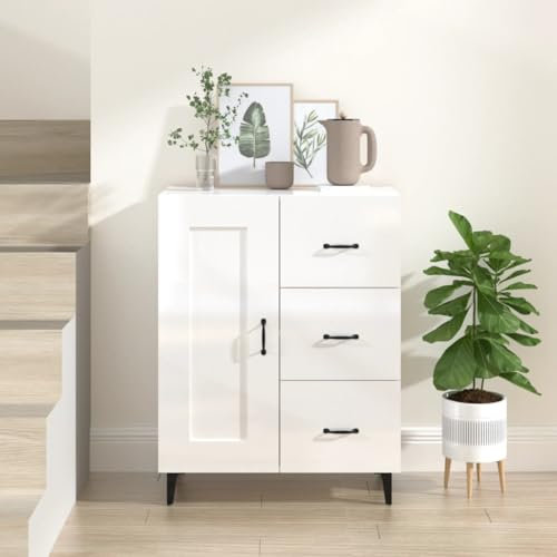 Kommode Modern Stil aus Holzwerkstoff, Anrichte mit 3 Schubladen & 1 Tür, Schmaler Flurtisch Sideboard Schubladenschrank für Wohnzimmer, Flur, Hochglanz-Weiß 69,5x34x90 cm