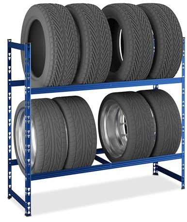 Relaxdays Scaffale Portagomme per 8 Pneumatici, HLP: 100x110x35 cm, 150 kg, Ripiani in Acciaio, Garage e Officina, Blu