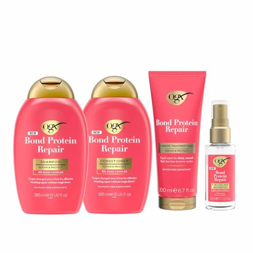 OGX Bond Repair Essentials Bundle for Damaged, Normal/Thick Hair, Shampoo (385ml) & Conditioner (385ml), 1-Minute Treatment Mask (200ml) and 3-in-1 Oil Mist (50ml), Protection for Stronger Hair