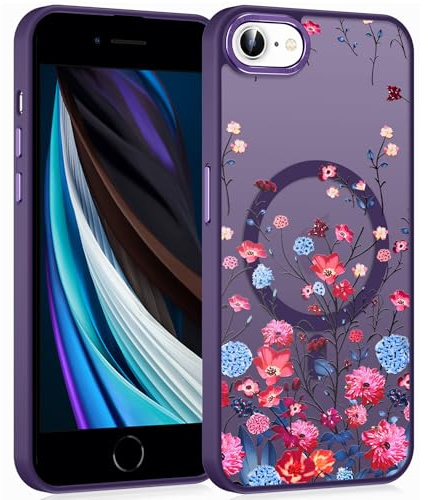 Saqmkil Cover Magnetica per iPhone 16e/SE 4/SE 2025 6,1, Compatibile con MagSafe, Custodia Traslucida Matte con Aesthetic Disegno Fiori, Sottile TPU Hard PC Antiurto Ragazze Protettiva Case, Viola