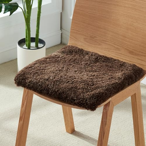 Sitzkissen aus superweichem Schaffell, rutschfestes, kurzes lockiges Fell, Stuhlkissen, Dunkelbraun, Bezug aus natürlicher Wolle für Auto und Büro, 50 x 50 cm