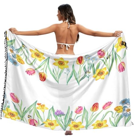 RPLIFE Sarong für Damen, Aquarell, Frühlingsblumen, Weiß, mit Fransen, Strandtuch, Sarong, Größe L, Aquarell, Frühlingsblumen, weiß, Large