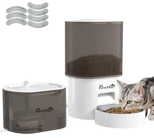 PawHut Distributeur croquettes pour Chat et Chien Automatique, 2,5L Fontaine d'eau et 3 L mangeoire de Nourriture d'alimentation automatiques avec minuterie programmable 10 Repas, Blanc