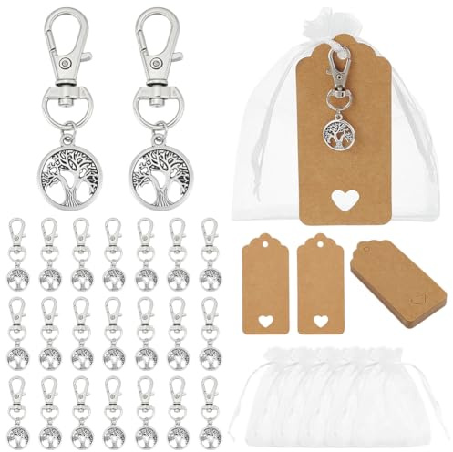 PH PandaHall 24 juegos de llaveros de árbol de la vida de plata con bolsas de regalo de organza, llaveros de celebración de la vida, con etiquetas en blanco para Navidad, boda, reunión familiar