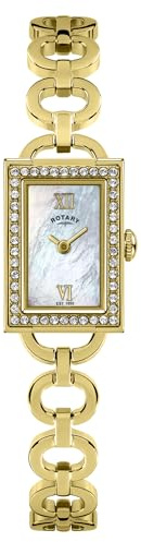 Rotary Ladies Cocktail Stone Set Rectangular Stone Set Gold Plated Stainless Steel Bracelet Watch