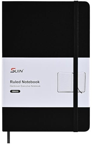 SUIN Professionelles A5-Notizbuch für die Arbeit, liniert, 100 g/m² Augenpflegepapier, Kunstledereinband, A5-Tagebuch für Business, Schule und Notizen, Schwarz, 1 Stück