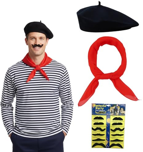 ZYLOUY 14-teiliges Pantomime Kostüm Set, Schwarz Baskenmütze Mit 12 Schnurrbart Und Rotem Schal, Verkleidungsset Für Karneval Und Theater, Baskenmütze Erwachsenenkostüm Für Damen Und Herren