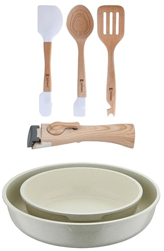 Bergner Click&Cook Juego de 2 Sartenes Ø22Ø26cm Aluminio fundido Blanco con Mango desmontable+Juego de 3 Utensilios de cocina en silicona y madera
