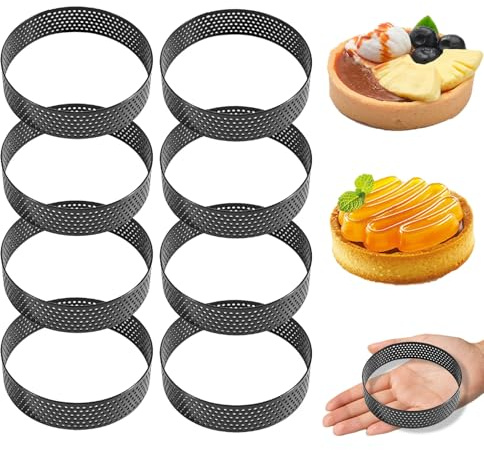 CAAGGMM Mousse Tartelette Förmchen, 8 Stück 8 cm Edelstahl Backringe Dessertringe mit Löchern, Kleine Kreisring Kuchen, Runde Tart Ringe, für Esszimmer und Küchen, Schwarz