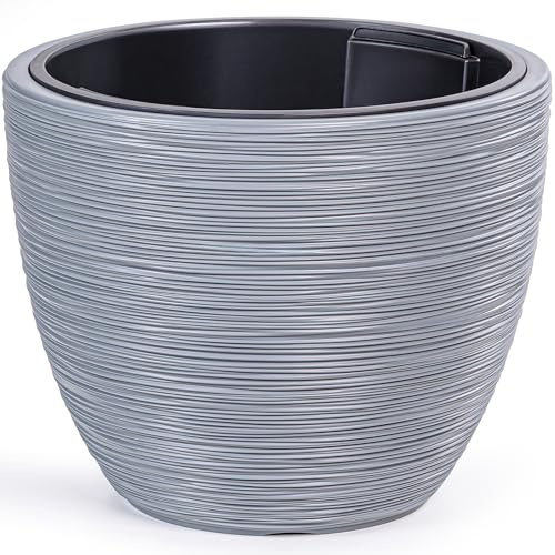 KONZEPT Blumentopf Groß 39 cm Durchmesser mit Einsatz – Pflanzkübel aus Kunststoff, Meißelstruktur, UV- & Frostbeständig, ideal für Wohnung, Büro, Terrasse und Garten, Grau