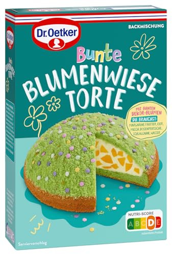Dr. Oetker Bunte Blumenwiese Torte, 6er Pack Kuchen-Backmischung für einen Maulwurfkuchen mit Pfirsichen und Zucker-Dekor-Blumen, Köstliche Torten-Backmischung (6 x 337g)