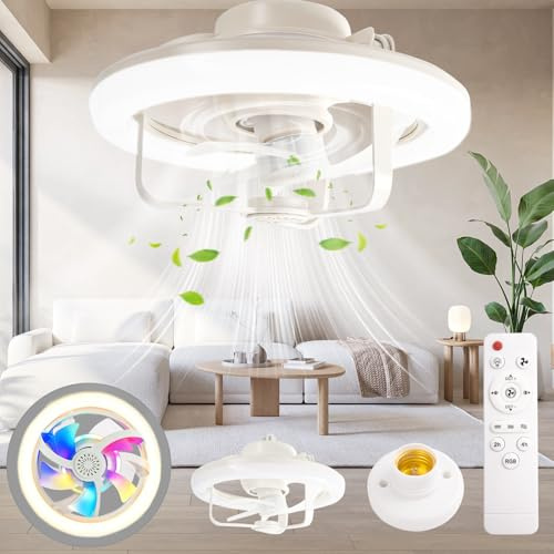 YYSWSAKY Ventilador con Luz, RGB 16 Colores Lampara Ventilador Techo Moderna, 28CM Pequeño Ventiladores de Techo con Luz Silencioso para Dormitorio Cocina Comedor, Temporizador, 3 Velocidades, Mando