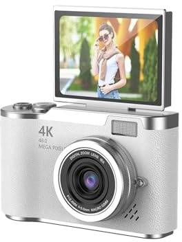 4K Digital Camera 8X Zoom Portable CCD Camera 180 Flip Screen Compact Small Camera Vlogging Camera For Teens Adult Beginner(White)