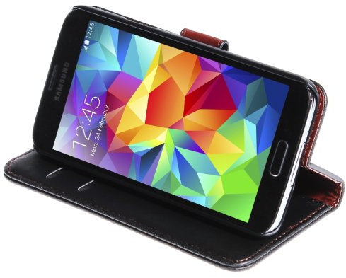 wortek Flip Case im Bookstyle Samsung Galaxy S5 G900 mit Standfunktion und Fach für Karten Schwarz