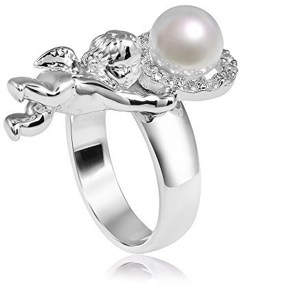 MATERIA 925 Silber Ring Engel - weißer Perlenring Zirkonia rhodiniert inkl. Ringetui Gr. 51-62#SR-65, Ringgrößen:59 (18.8 mm Ø)