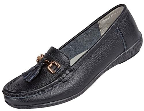 Ladies Nautical Wide FIT Leather Smart Loafer Tassel Moccasin Flat Slip On Comfort Shoe Size 4-8 (UK 8/ EU 41, Black)