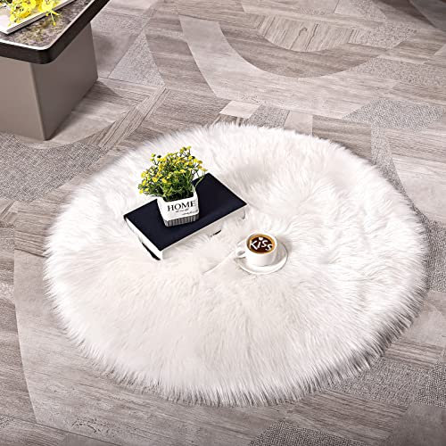 DAOXU Teppich Kinderzimmer Deko Fellteppich Kunstfell Fell für Stühle Schaffell Lammfell Kleiner Zimmer Schlafzimmer Deko lammfellimitat Teppiche Weiß - 45 cm Rund