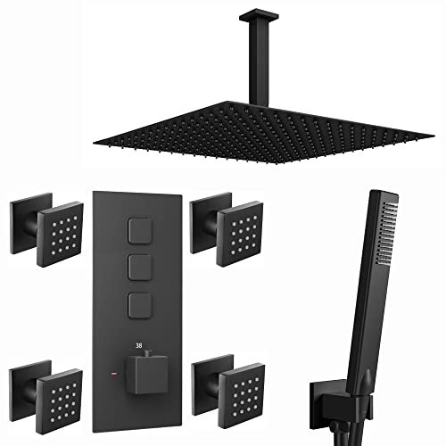 ENKI, Spello, SH0048, Square Thermostatic Concealed Shower Set with Body Jets, Ceiling Overhead Shower, Handset Kit, Black