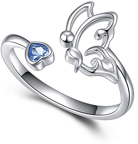 Semikolon-Schmetterlings-Überlebensringe, 925er-Sterlingsilber, Ermutigungsring, inspirierter Schmuck, minimalistischer offener Schwanz, Finger, stapelbar, verstellbarer Ring mit blauem Zirkonia, für