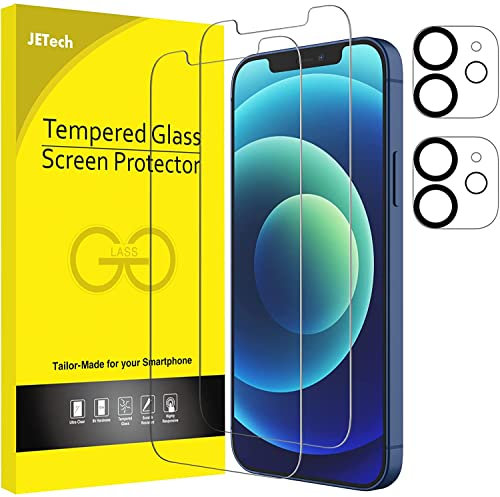 JETech Protector de Pantalla para iPhone 12 6,1 Pulgadas y Protector de Lente de Cámara, Cristal Vidrio Templado, 2 Paquetes Cada Uno