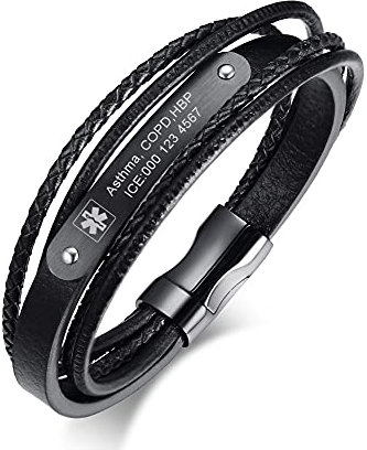 FLHEART Personalisiertes echtes mehrschichtiges geflochtenes Leder Medizinische ID Armband Herren medizinisches Alarm-Lederarmband mit Edelstahl-Magnetisch Schließe für Notfall Erste Hilfe