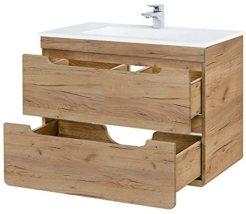 Lomadox Badmöbel Waschtisch Set mit 81 cm Unterschrank und Keramik Waschbecken, Wotan Eiche Nb. Dekor, 2 Softclose-Schubkästen