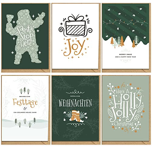 KOKO&LORA® Weihnachtskarten mit Kraftpapier-Umschlägen (6er Set) - Premium Grußkartenset mit Natur-Kuvert - 6 moderne, weihnachtliche Karten