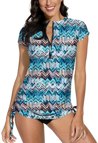 BesserBay Damen Sonnenschutz Rash Guard mit Kurzarm und 1/4 Zip Surfshirt Schwimmshirt UPF 50+ Blau Wellen L