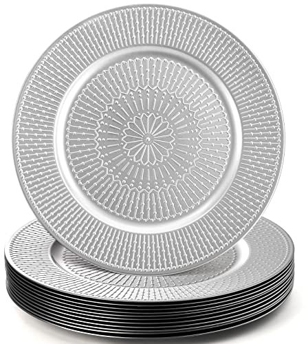 DEAYOU 12 Pack Round Charger Plates, 13-inch Silver Beaded Chargers for Dinner Plates, Plastic Reusable Charger Plates, Decorative Charger Platters for Wedding, Table Setting, Party, Event, Holiday
