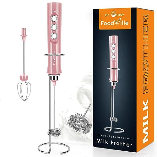 FoodVille MF02 Rechargeable Milk Frother Handheld Foam Maker with Stainless Whisk for Cappuccino, Latte, Bulletproof Coffee, Keto Diet, Protein Powder, Matcha (Coral Pink)
