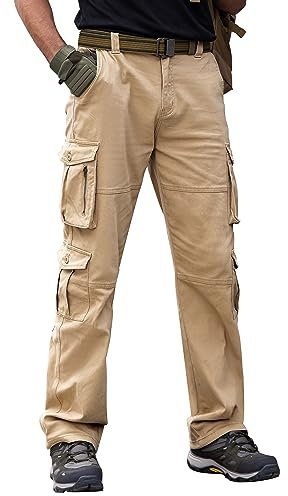 Breampot Herren Cargohose Baumwolle Baggy Chino Hosen Freizeit Outdoorhose Arbeitshose Trouser Pants (Large, Khaki)