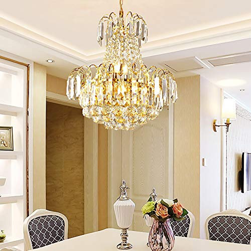 SanBouSi K9 Klar Kristall Kronleuchter Modern Deckenleuchte Kronleuchter Elegantes Echt Kristall Lüster 7 * E14 Base für Wohnzimmer Esszimmer Restaurant Veranda Flur, Gold