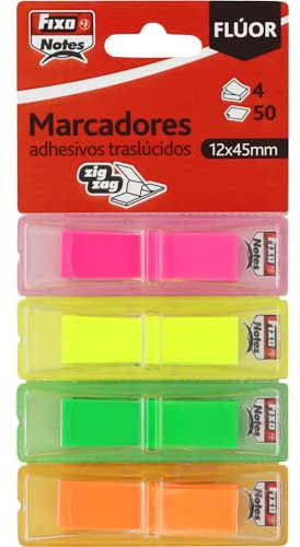 Fixo Notes | Marcadores Adhesivos Transparentes | 4 Colores Flúor con Dispensador Individual | Cada Uno con 50 Indices | Plástico Tráslucido | Reposicionable | Impermeable | Material Escolar Perfecto