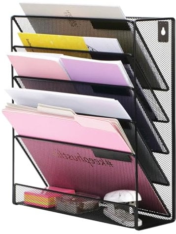 EXERZ Zeitschriften Wandhalter A4, Zeitschriftenhalter Wand, Prospekthalter, 5-lagiges Magzinregal, 5 Fächer Prospektspenderset, , Freistehend und Wandhalterung, Schwarz