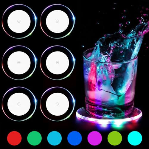 6STK Bunt LED Untersetzer Ø10cm Leuchtende für Getränke Akku hält Länger(ca. 45 Stunden) Acryl Rund Transparente Wasserdicht Stimmungslichter Leuchtuntersetzer für Gläser Flaschen Party Hochzeiten Bar