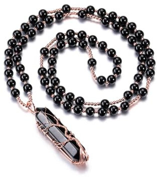 CrystalTears Black Obsidian Crystal Wire Wrapped Quartz Crystal Point Stone Pendant Gemstone Beaded Necklace for Women
