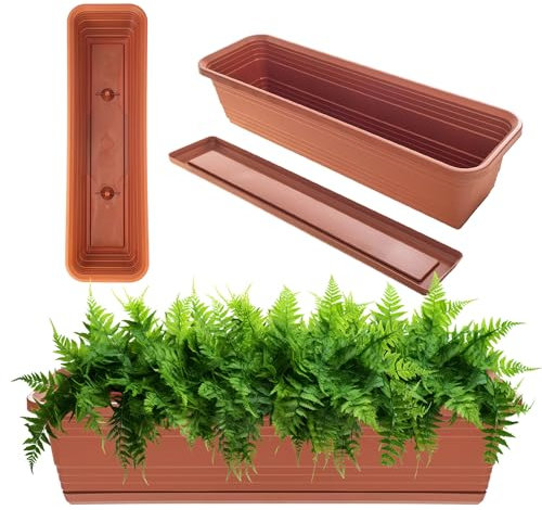 KADAX Jardinière avec soucoupe, avec ou sans supports de jardinière, pot de balcon en plastique, bac à plantes, jardinière de balustrade, pot de fleurs (rouge brique, 60 cm), K9996
