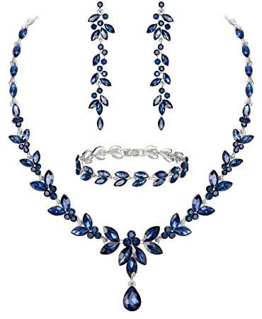 EVER FAITH Schmuckset Österreichisches Kristall Braut Schmuck-Set, elegante Marquise Strass Blatt Halskette mit baumelnde Ohrringe Tennis-Armband-Set blau Silber-Ton