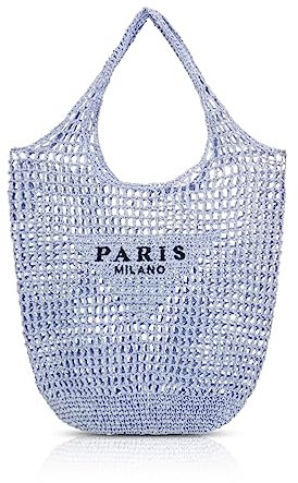 Stroh Strandtasche für Frauen Paris Milano Strohsack Strandtaschen Schultertasche Sommer handgewebte Tote Bags Geldbörse für Damen Beuteltasche (Blau)