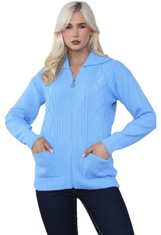 Candid Styles Womens Zipped Cable Knit Long Sleeve Zip Through Fasten Jumper Top Ladies Classic Knitwear Zipper Cardigan Pullover (Sky Blue, 14-16)