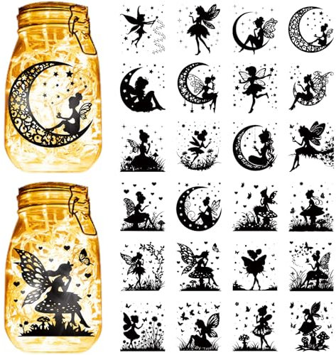 CREATCABIN 24 Stück Feen Silhouetten Aufkleber Laternendosen Ausschnitte Abziehbilder Silhouetten Selbstklebender Paster Wasserdichtes PVC Ausgeschnittenes Scrapbook Zubehör Für Wände Fenster 9x10cm
