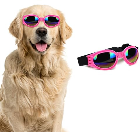 QKEPCY Lunettes pour Chien Pliable Lunette de Soleil Protection UV Lunettes de Protection des Yeux avec Sangle Réglable Lunettes de Soleil Coupe-Vent(Rose)