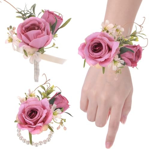 M METERXITY 1-Set Handgelenk-Korsage und Ansteckblumen-Set, künstliche Blumen Handgelenk-Korsage Armbänder für Hochzeit/Party/Abschlussball[Dunkelrosa]