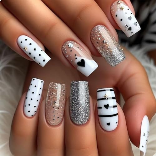 GlamRays 24 Stück Press on Nails Mittel Lang Coffinförmig Einfache gestreifter Stern Herz Fake Nails French Tip Klebernagel Vollumfängliche Falsche Nagel Set Für Mädchen Mutter Frauen Geschenk