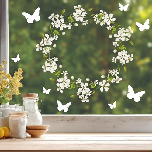 Wandtattoo Loft Fensterbilder Frühling Blütenkranz & Schmetterlingen – A4 Bogen, Wiederverwendbar – Frühlingsdeko Fenster, Frühlingsbild Fenster, Fensterdeko Frühling, Fensterfolie Frühling