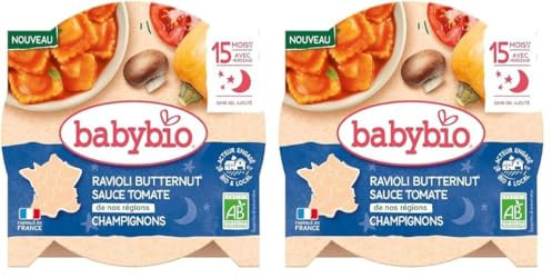 BABYBIO - Assiette - Ravioli Butternut sauce aux Tomates de nos régions et Champignons - 15+ mois - 190g - BIO (Lot de 2)