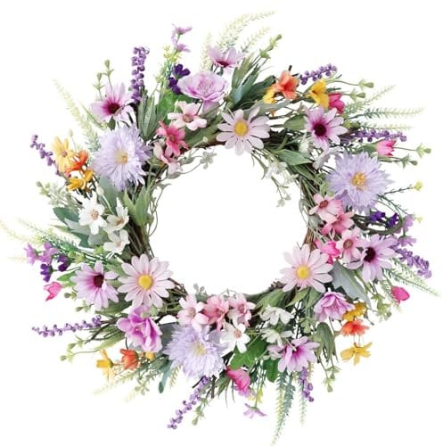 Türkranz, Blumenkranz Deko, 50 cm Bunte Frühlingskranz, Künstliche Blumen Kranz Sommerkranz für Fensterdekoration im Freien Haustür Home Decor