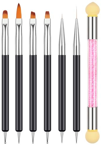 BUTBU 6 Piezas Pinceles para Uñas, Double Head Pinceles Nail con 1 Cepillo Esponja de Uñas, Art Manicura Semipermanentes Pintura Dibujo Línea Herramienta, para Desenho Fino das Uñas, Rosa