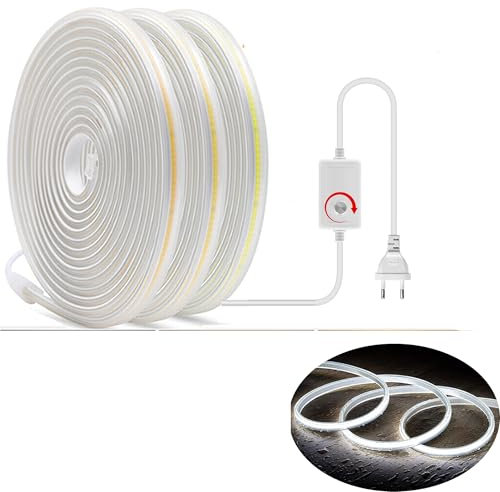 H+H Leipzig LED COB Strip Streifen (Teilmöglichkeit aller 10 cm) + IP20 Netzkabel mit Eurostecker. (01 Meter, Kaltweiß, 240LEDs/M, mit Dimmer)
